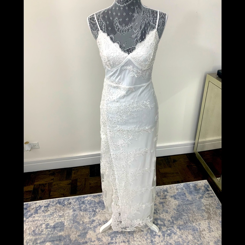 White lace high slit spaghetti strap dress